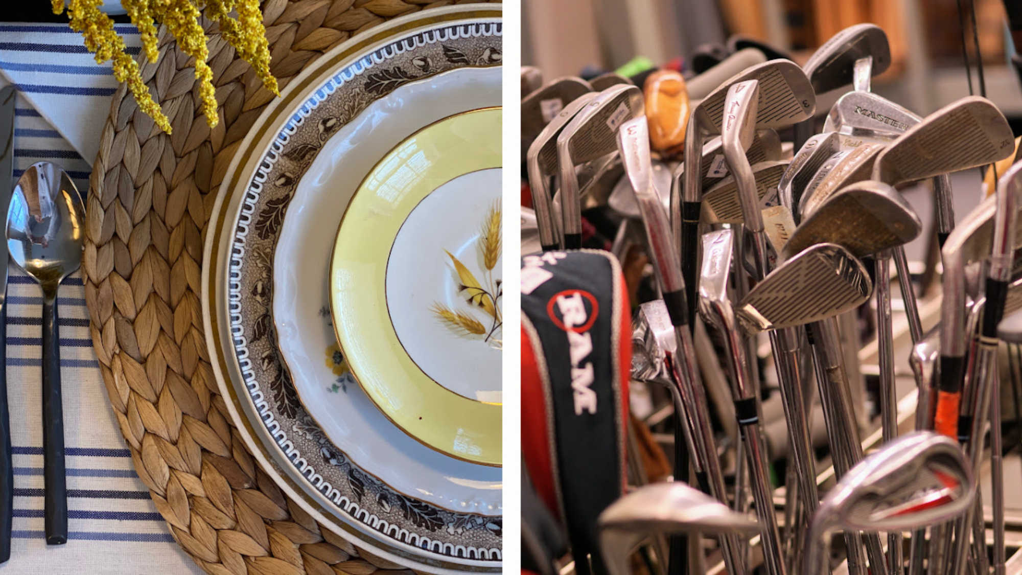 On the left, a place setting featuring thrifted blue and yellow dishware and a woven grass placemat on the right, a set of golf clubs available for purchase at DI.